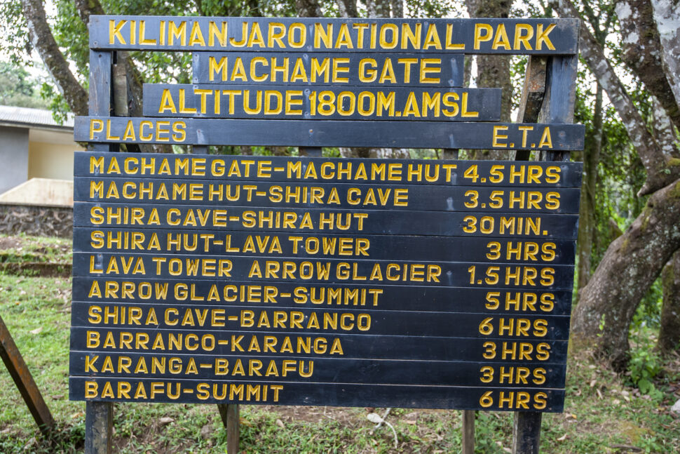 Signpost with route details at Machame Gate, Mount Kilimanjaro, Tanzania