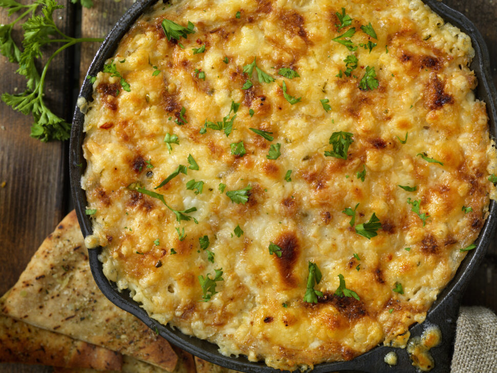 Baked Artichoke and Asiago Cheese Dip with Crispy Pita Chips