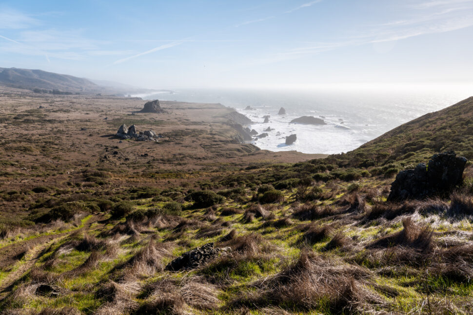 Sweeping view of headlands and ocean from top of hill.