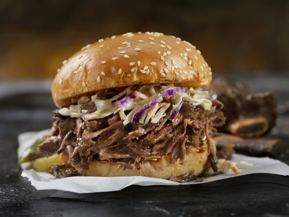 Braised Beef Short Rib Sandwich with Coleslaw on a Brioche Bun