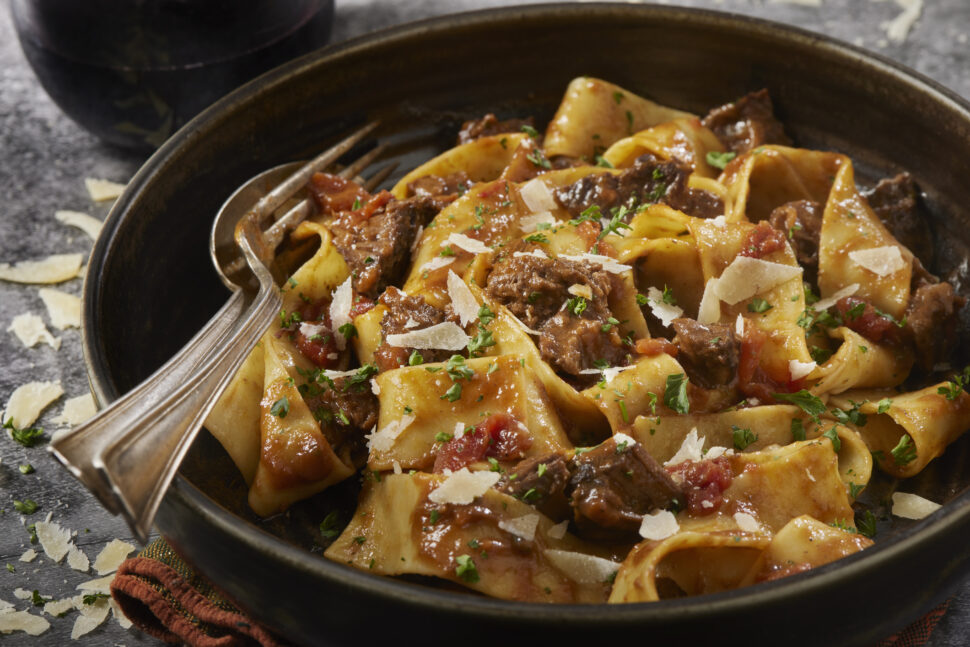 Braised Beef Short Rib Ragu in a Red Wine Gravy with Pappardelle.