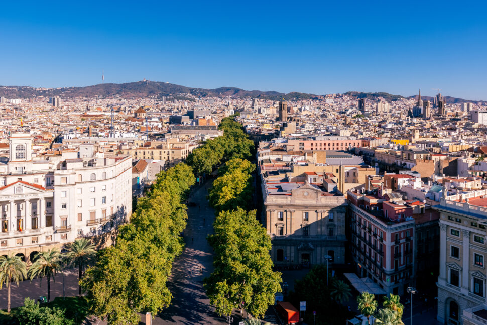 La Rambla pedestrian street in Barcelona in summer, aerial view, Spain