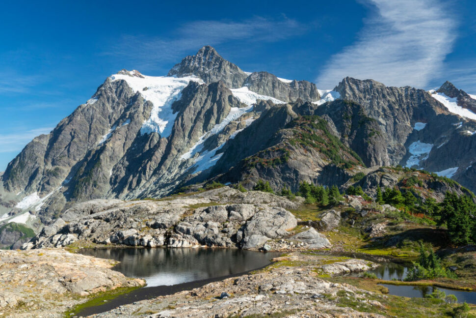 Glacial tarn and glaciated crags of Mount Shuksan, Washington. Mt. Shuksan lies within North Cascades National Park.