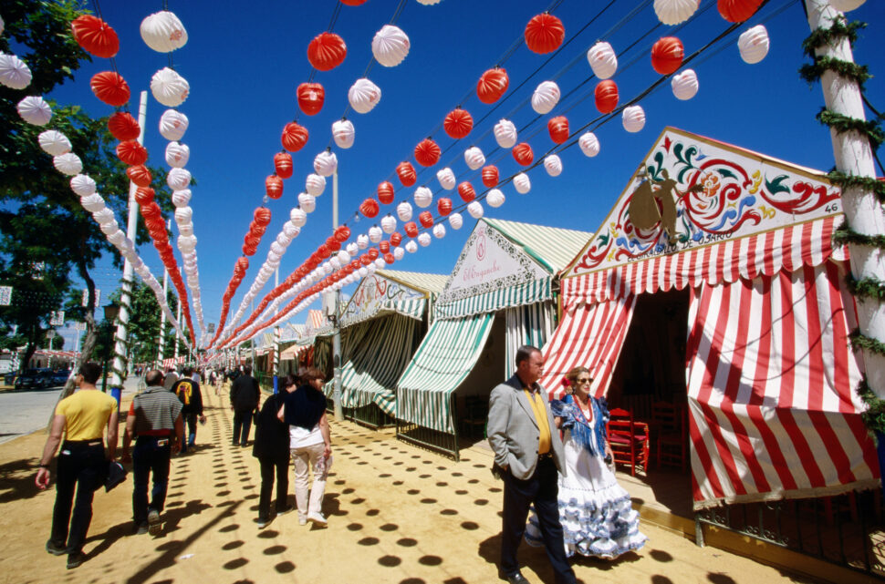 Casetas (marquees) and paper lanterns set up for Real de la Feria de Abril (fiesta).