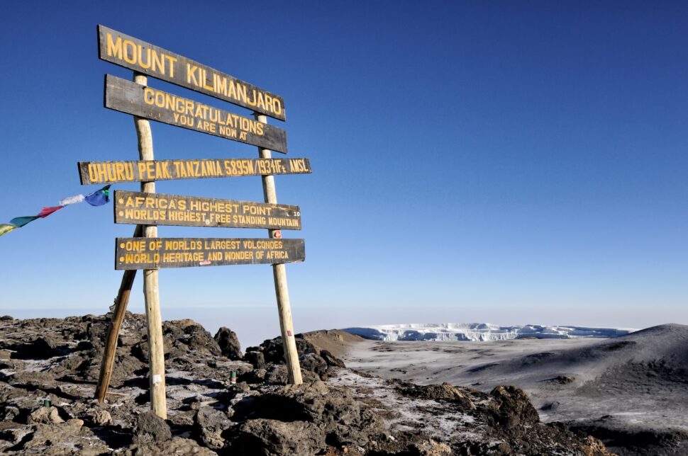 Uhuru Peak sign with Northern Icefield in the distance, Kilimanjaro National Park.