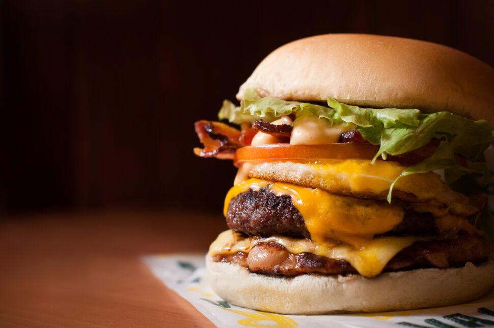 Hamburger on a table.