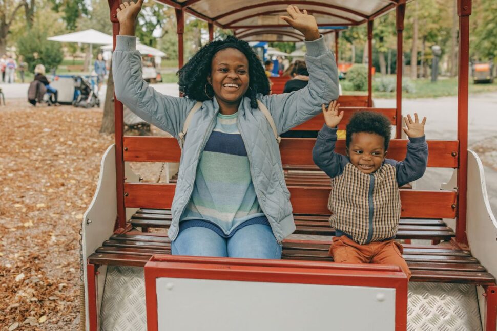 Mother and son on train ride