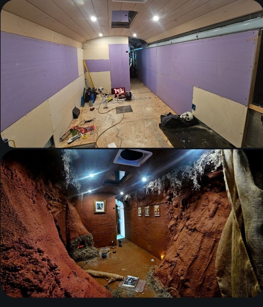 Interior of Ansel Troy's tiny home school bus. Before and after.