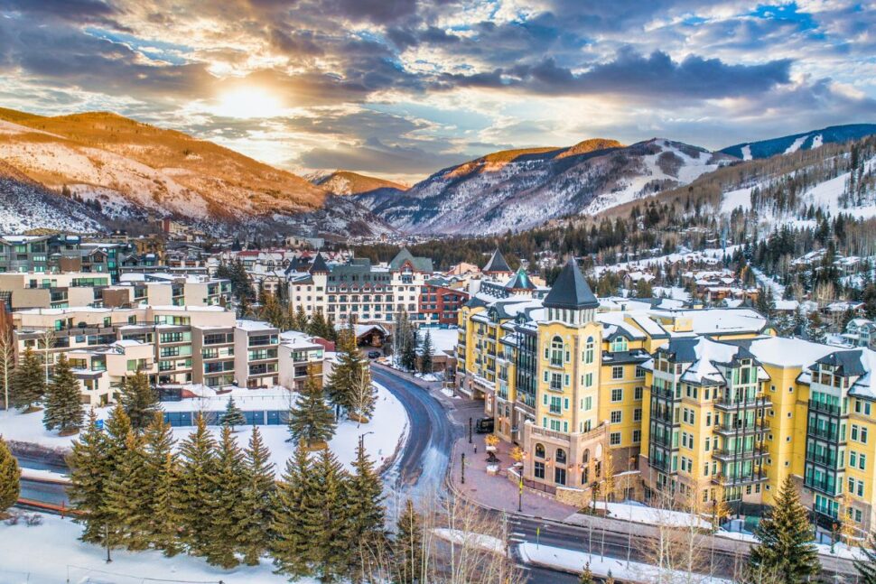 aerial view of Vail Colorado at sunrise