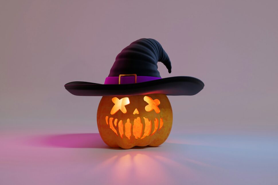 Pumpkin with a witch's hat for a spooky date idea.