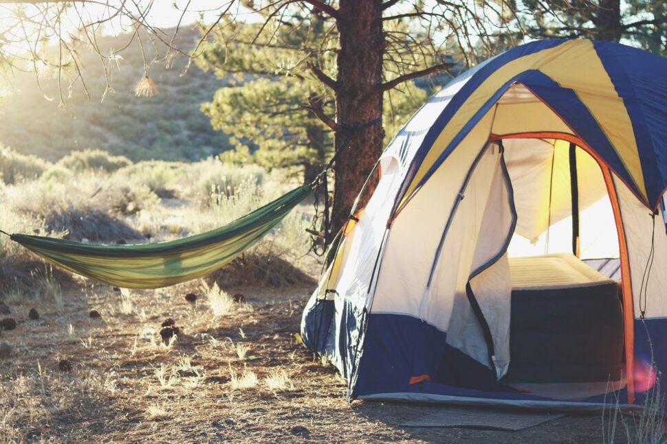 Tent and hammock on camping trail. 