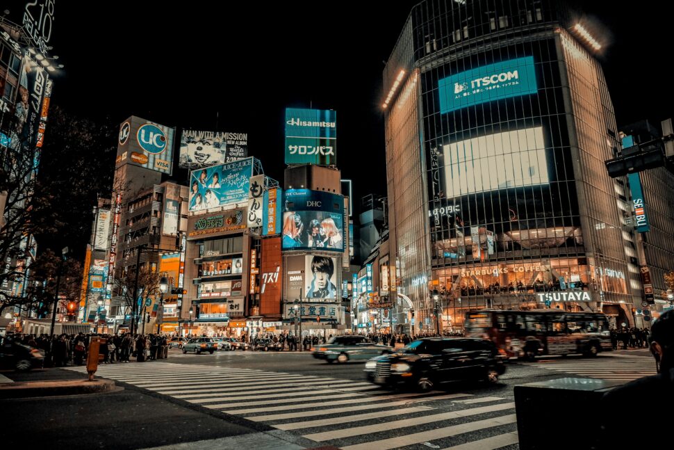 Shibuya crossing just before the crowds are allowed to cross.