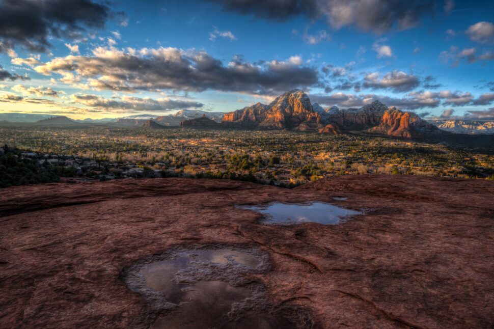 Puddles in the red rocks following a rain.