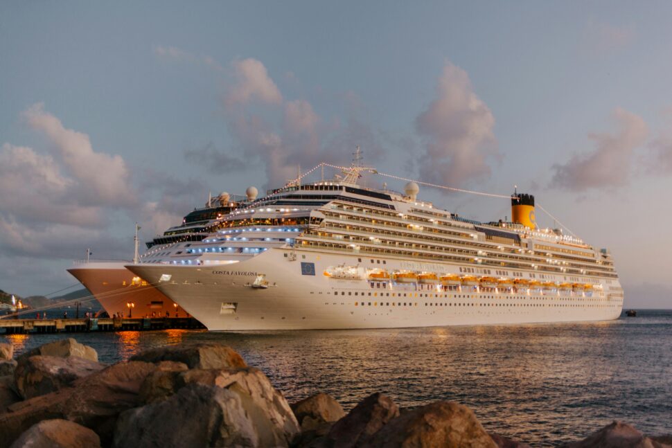 Luxury cruise ship on the water ready to set sail.