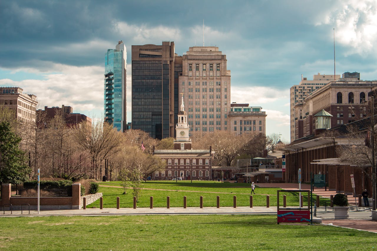 Independence National Historic Park in Philadelphia with green grass in front