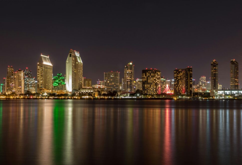 San Diego skyline at night for many nightlife extravaganza.