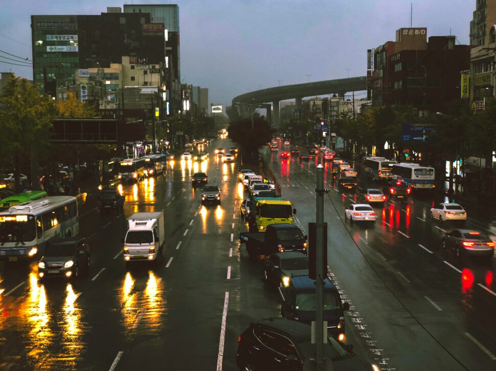 Cars in Busan, South Korea coming off the highway.