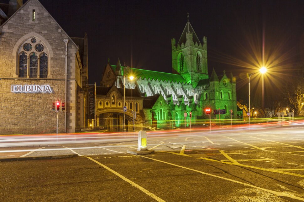 Buildings illuminated in green for celebration of St. Patrick's Day