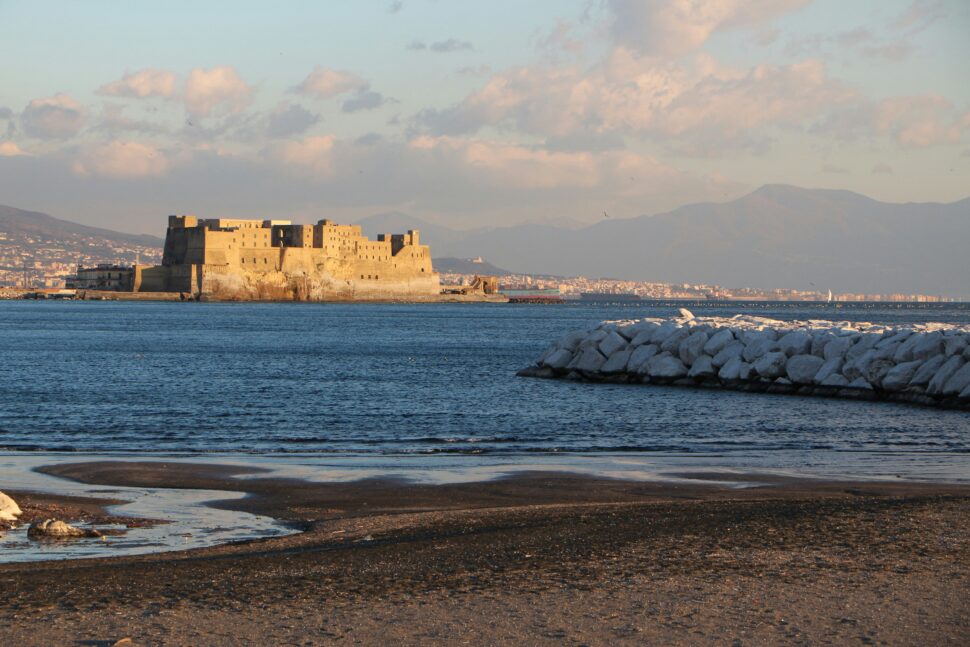 Distant castle off the coast of Naples, Italy