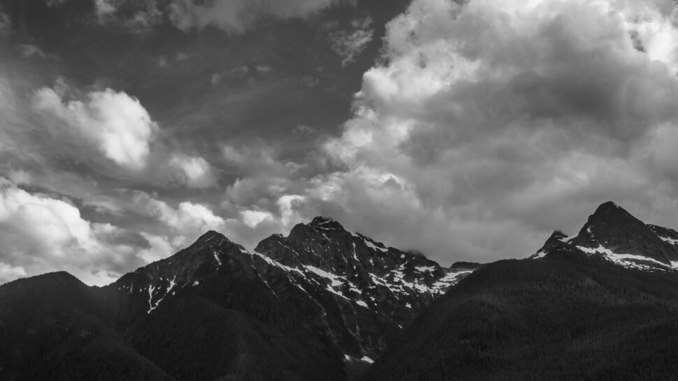 Mountains under damp clouds