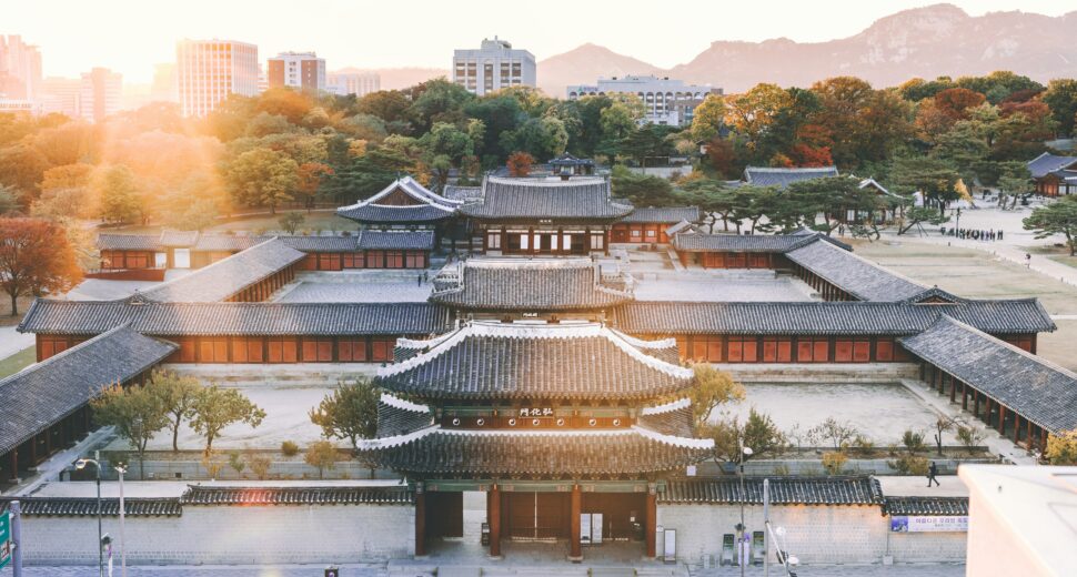 Korean temple doused in setting sunlight