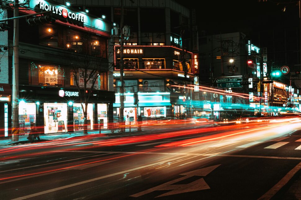 A smear of traffic lights on the street