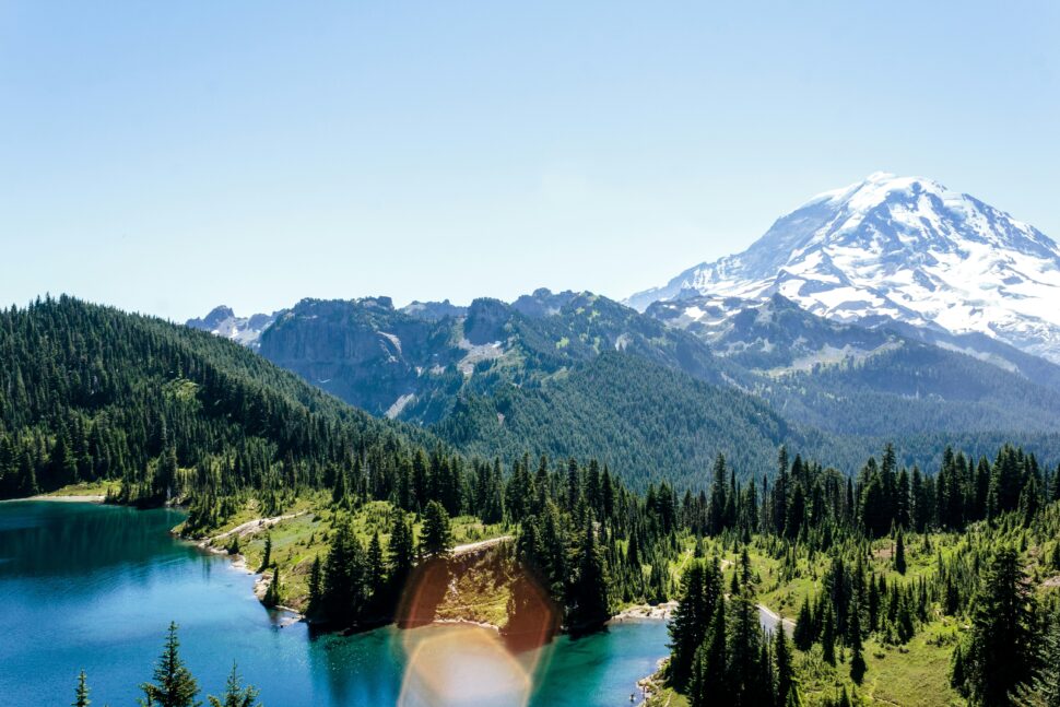 Mount Rainier National Park under a clear sky for a weekend trip.