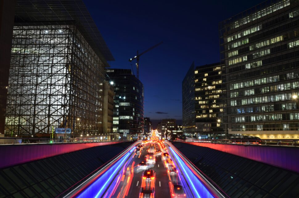 Neon streaks on the road at night in Brussels