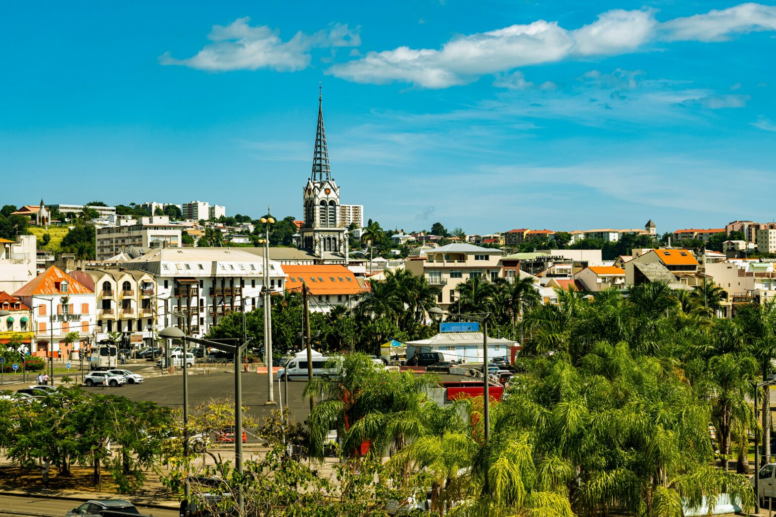 aerial view of the city center and chapel steeple in Fort-de-France, Martinique