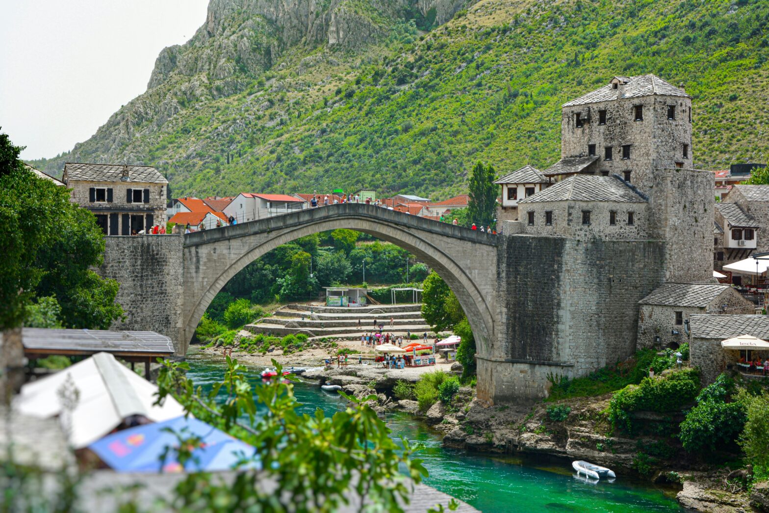 aerial view of the iconic Old Bridge in Mostar, Bosnia