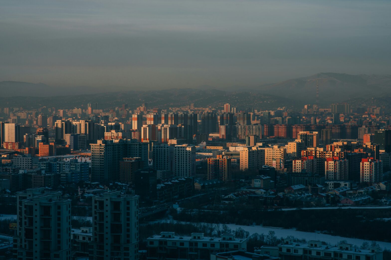 aerial view of the city center at sunset at Ulaanbaatar, Mongolia