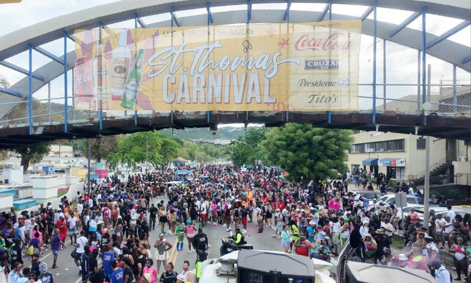 crowd of people at the start of St. Thomas Carnival J'ouvert day