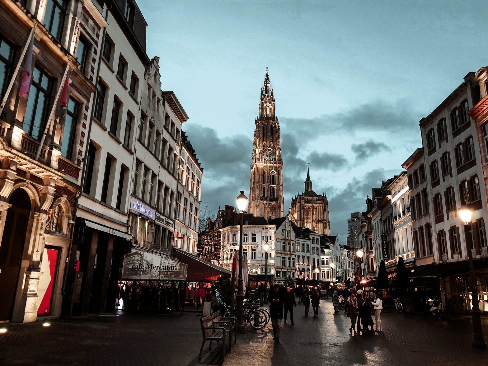 nighttime street view of Antwerp, Belgium