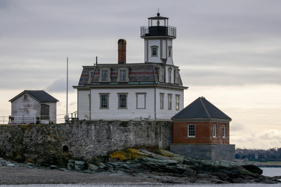 View of the Rose Island Lighthouse, Narragansett Bay in Newport, Rhode Island, USA