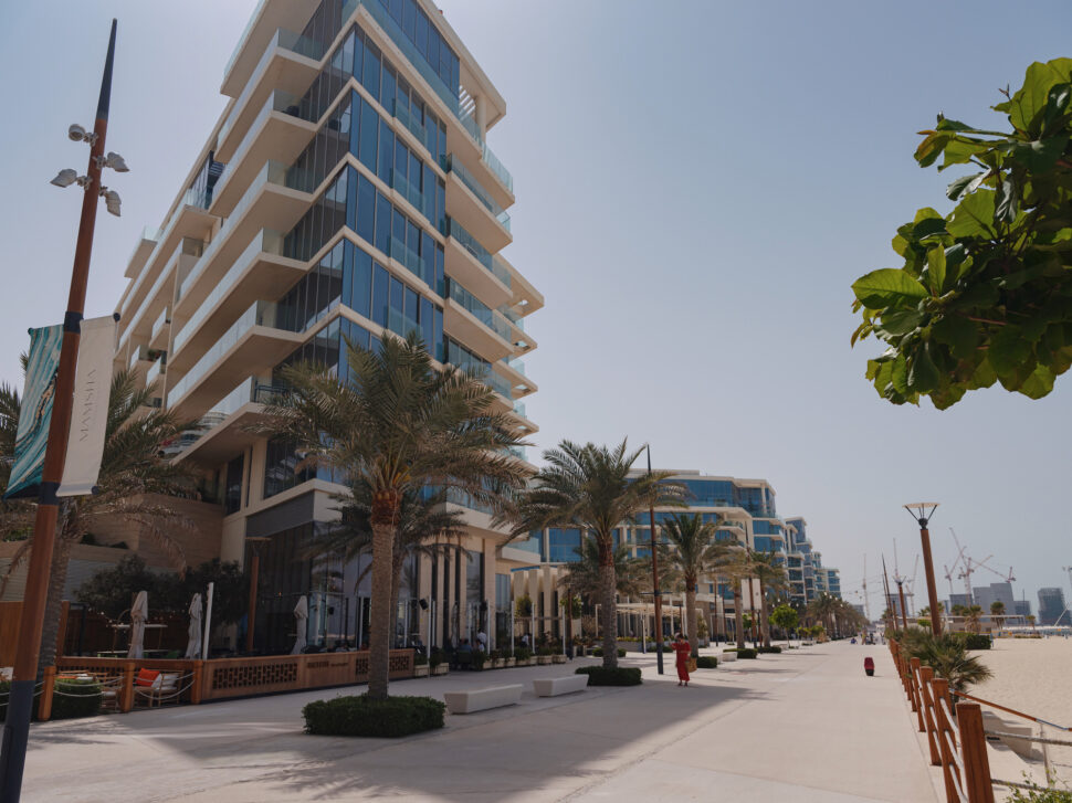Soul beach in Al Saadiyat Island, Cultural District. Street with residential apartments, shops, restaurants and hotels