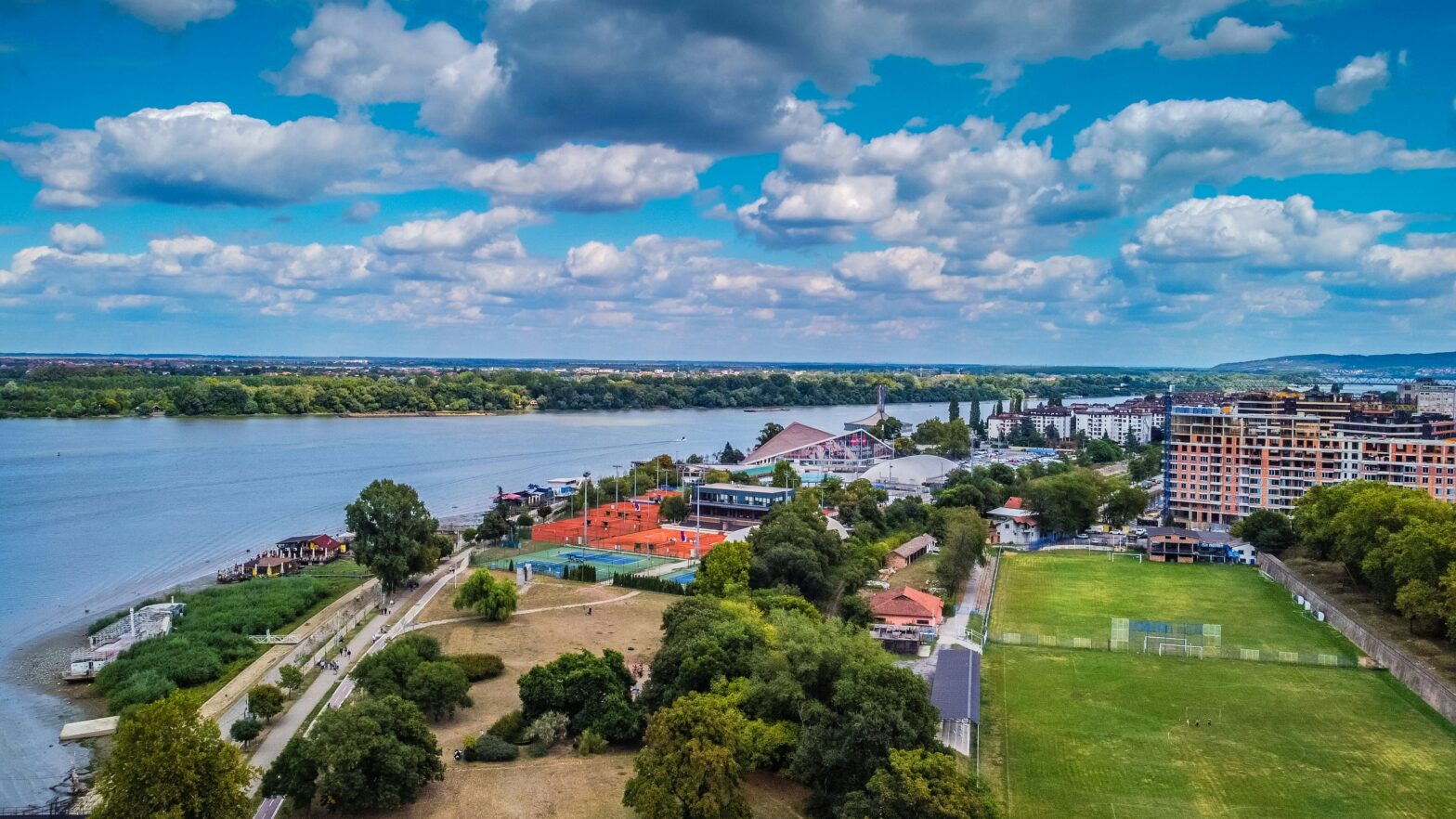Aerial view of the Danube and Sava River banks in Belgrade, Serbia.