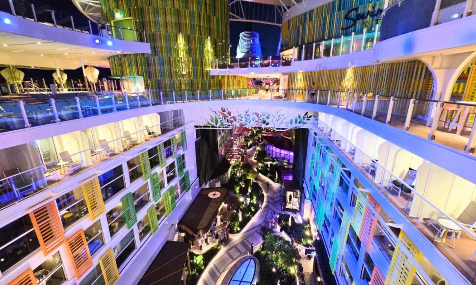 aerial view of Central Park, an indoor neighborhood mimicking a tropical garden with bars and restaurants